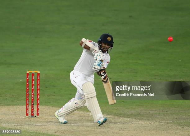 Dimuth Karunaratne of Sri Lanka bats during Day Three of the Second Test between Pakistan and Sri Lanka at Dubai International Cricket Ground on...