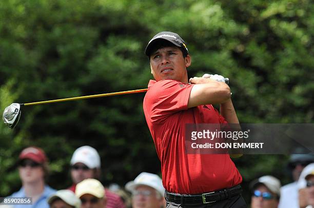 Andres Romero of Argentina tees off on the thirteenth hole during the second round of the US Masters at the Augusta National Golf Club on April 10,...