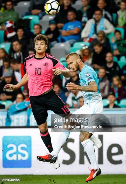 Chris Martin of Scotland jump for the ball against Aljaz Struna of Slovenia during the FIFA 2018 World Cup Qualifier match between Slovenia and...
