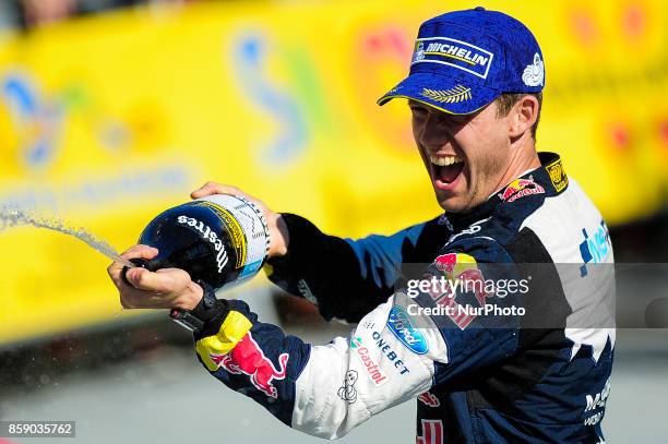 The French driver, Sbastien Ogier of M-Sport World Rally Team, celebrating his second place during the podium ceremony at Rally Racc Catalunya Costa...