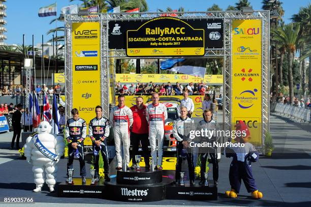Sbastien Ogier, Julien Ingrassia, Kris Meeke, Paul Angle, Ott Tnak and Martin Jrveoja, during the podium ceremony of the Rally Racc Catalunya Costa...