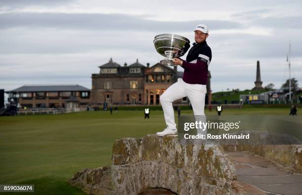 Tyrrell Hatton of England pictured with the winners trophy after the final round of the Alfred Dunhill Links Championship at The Old Course on...