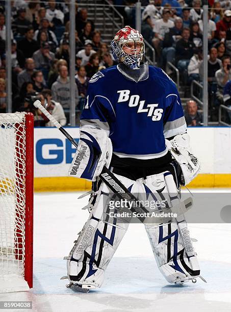 Goaltender Karri Ramo of the Tampa Bay Lightning defends the goal against the Pittsburgh Penguins at the St. Pete Times Forum on April 7, 2009 in...