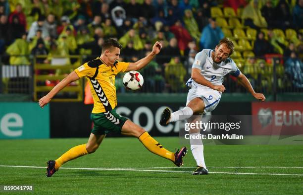 Harry Kane of England shoots past Edvinas Girdvainis of Lithuania during the FIFA 2018 World Cup Group F Qualifier between Lithuania and England at...