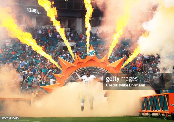 Cameron Wake of the Miami Dolphins takes the field for their game against the Tennessee Titans on October 8, 2017 at Hard Rock Stadium in Miami...