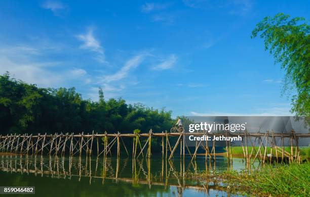 man with bicycle crossing bamboo bridge at countryside quang ngai vietnam - quảng ngãi stock pictures, royalty-free photos & images
