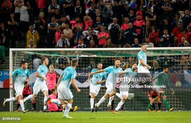Roman Bezjak of Slovenia celebrates after scoring a goal with team mates during the FIFA 2018 World Cup Qualifier match between Slovenia and Scotland...