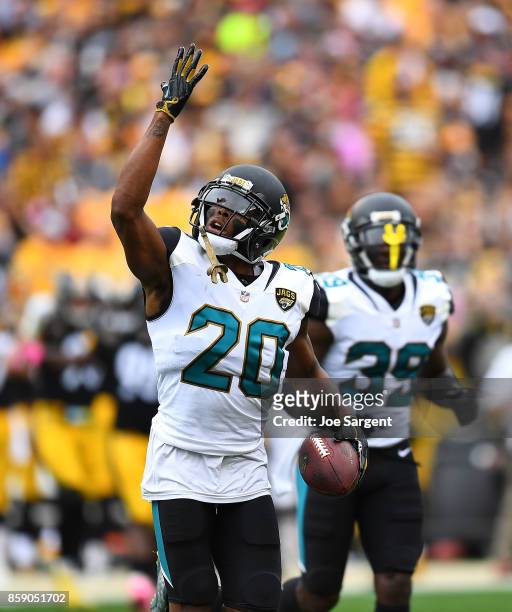 Jalen Ramsey of the Jacksonville Jaguars reacts after intercepting a pass intended for Vance McDonald of the Pittsburgh Steelers in the first quarter...
