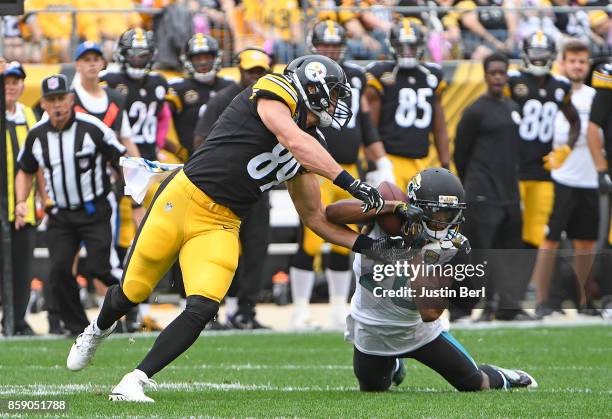 Jalen Ramsey of the Jacksonville Jaguars intercepts a pass intended for Vance McDonald of the Pittsburgh Steelers in the first quarter during the...