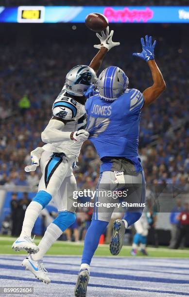 Cornerback Daryl Worley of the Carolina Panthers breaks up a pass intended for wide receiver T.J. Jones of the Detroit Lions during the first half at...