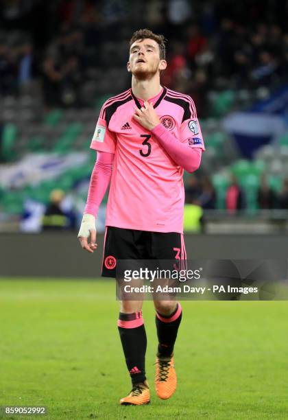 Scotland's Andrew Robertson appears dejected after the final whistle during the 2018 FIFA World Cup Qualifying Group F match at Stadion Stozice,...