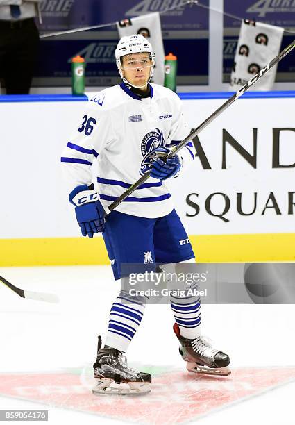 Austin Osmanski of the Mississauga Steelheads skates in warmup prior to a game against the Sudbury Wolves on October 6, 2017 at Hershey Centre in...