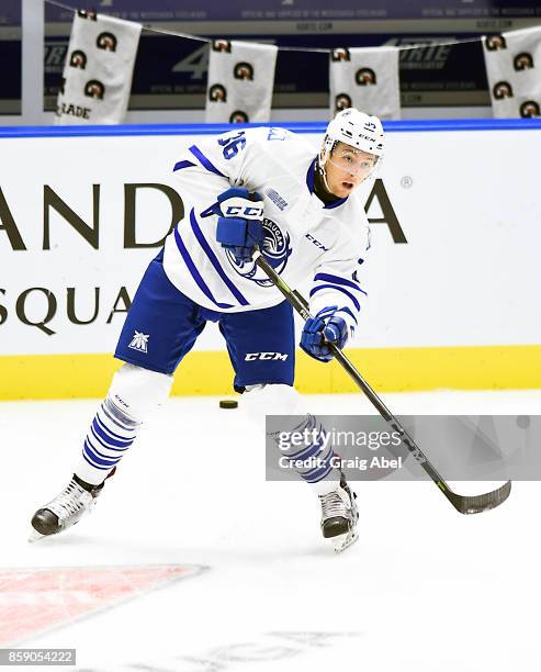 Austin Osmanski of the Mississauga Steelheads skates in warmup prior to a game against the Sudbury Wolves on October 6, 2017 at Hershey Centre in...