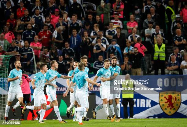 Roman Bezjak of Slovenia celebrate scores the goal with the team mates during the FIFA 2018 World Cup Qualifier match between Slovenia and Scotland...