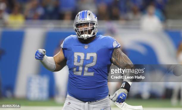 Haloti Ngata of the Detroit Lions celebrates a second quarter sack on Cam Newton of the Carolina Panthers at Ford Field on October 8, 2017 in...
