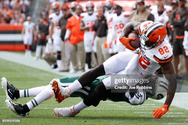 Kasen Williams of the Cleveland Browns is tackled by Morris Claiborne of the New York Jets in the second quarter at FirstEnergy Stadium on October 8,...