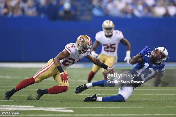Hilton of the Indianapolis Colts catches a pass in front of K'Waun Williams of the San Francisco 49ers during the first quarter of a game at Lucas...