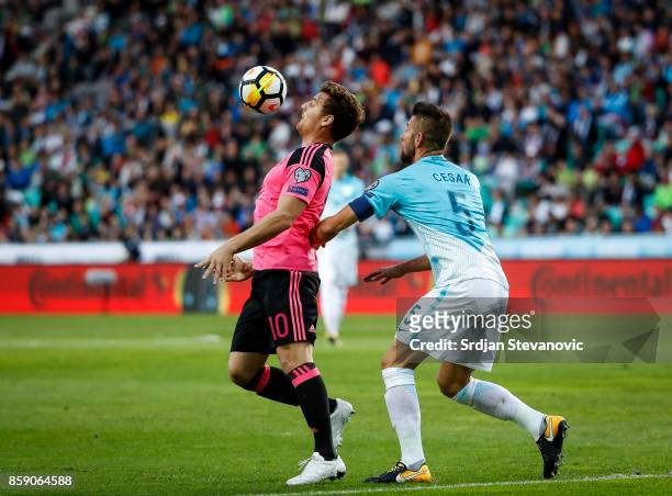 Chris Martin of Scotland in action against Bostjan Cesar of Slovenia during the FIFA 2018 World Cup Qualifier match between Slovenia and Scotland at...