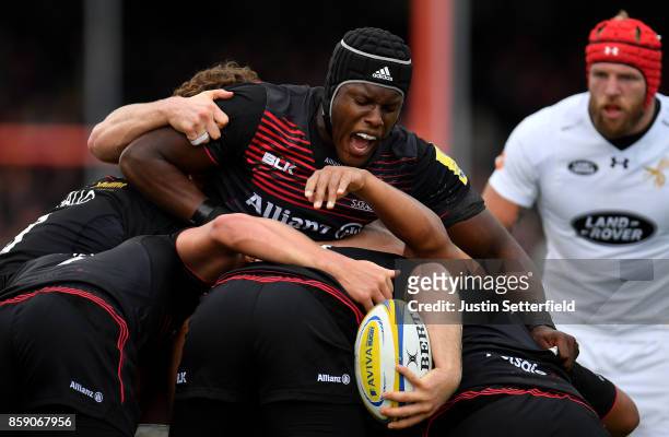 Maro Itoje of Saracens reacts in the scrum during the Aviva Premiership match between Saracens and Wasps at Allianz Park on October 8, 2017 in...