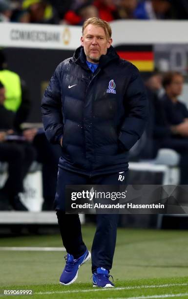 Robert Prosinecki, head coach of Azerbaijan reacts during the FIFA 2018 World Cup Qualifier between Germany and Azerbaijan at Fritz-Walter-Stadion on...