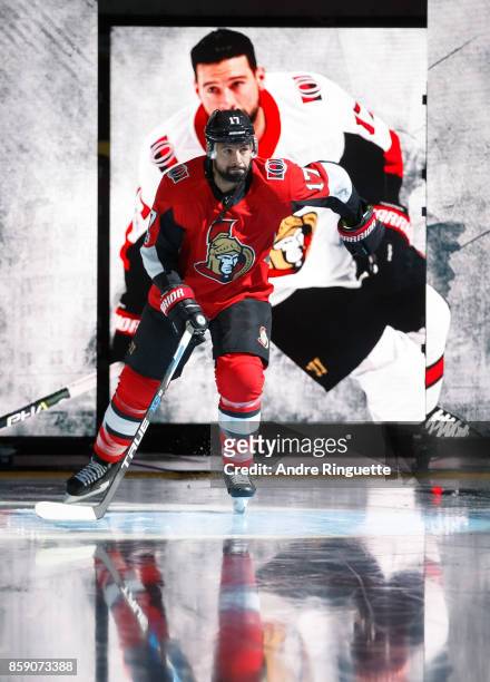 Nate Thompson of the Ottawa Senators steps onto the ice during player introductions prior to the home opener against the Washington Capitals at...