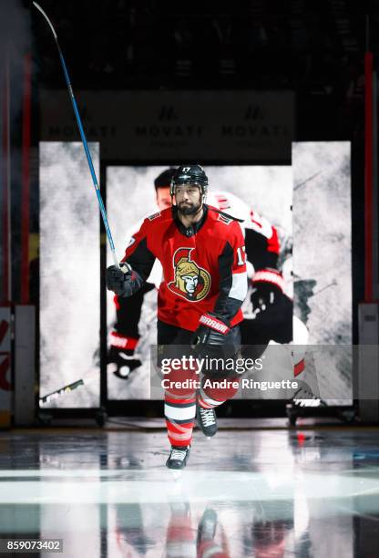 Nate Thompson of the Ottawa Senators steps onto the ice during player introductions prior to the home opener against the Washington Capitals at...