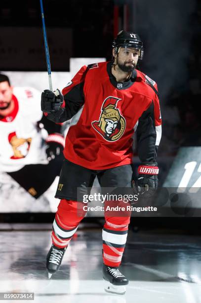 Nate Thompson of the Ottawa Senators steps onto the ice during player introductions prior to the home opener against the Washington Capitals at...