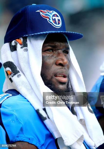 Brian Orakpo of the Tennessee Titans looks on in the third quarter against the Miami Dolphins on October 8, 2017 at Hard Rock Stadium in Miami...