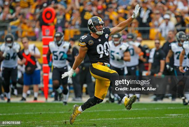 Watt of the Pittsburgh Steelers reacts after a defensive stop in the second half during the game against the Jacksonville Jaguars at Heinz Field on...