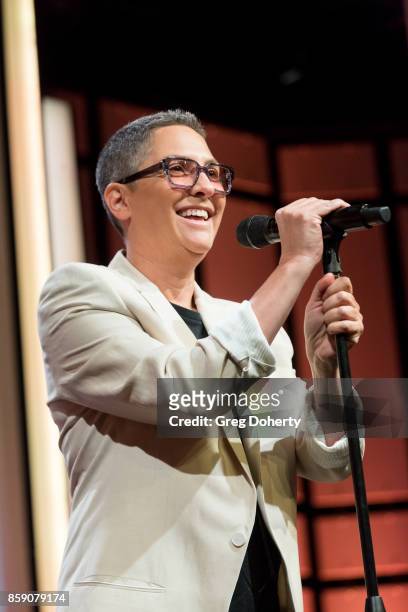 Honoree Jill Soloway accepts Point Impact Award on stage at the Point Honors Los Angeles at The Beverly Hilton Hotel on October 7, 2017 in Beverly...