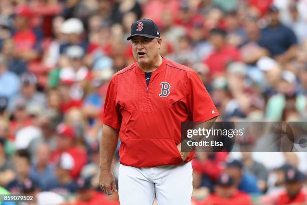 Manager John Farrell of the Boston Red Sox relieves Doug Fister in the second inning against the Houston Astros during game three of the American...