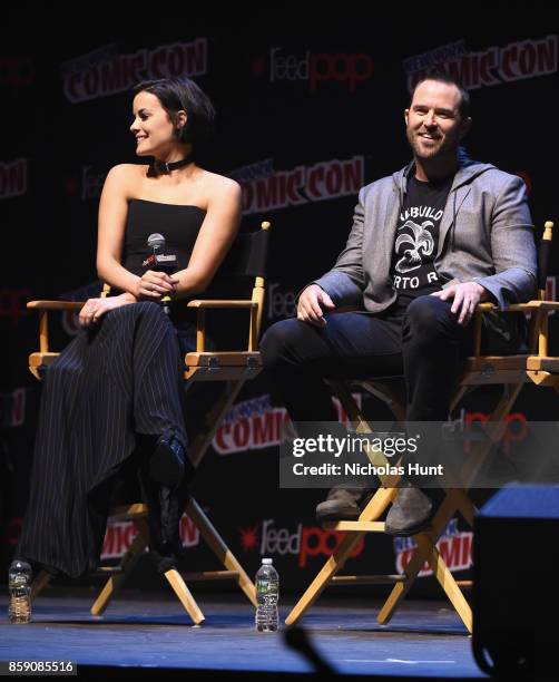 Jamie Alexander and Sullivan Stapleton speak onstage during the Blindspot panel 2017 New York Comic Con - Day 4 on October 8, 2017 in New York City.