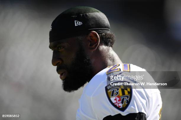 Lardarius Webb of the Baltimore Ravens warms up prior to their game against the Oakland Raiders at Oakland-Alameda County Coliseum on October 8, 2017...