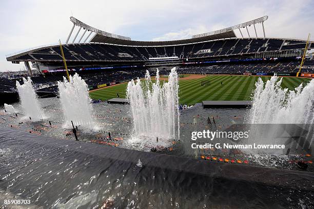 General view from behind right field displaying the fountains during opening day festivities at renovated Kauffman Stadium prior to the New York...