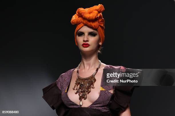 Model presents a creation from the Angolan fashion designer Nadir Tati Spring/Summer 2018 collection during the Lisbon Fashion Week - Moda Lisboa at...