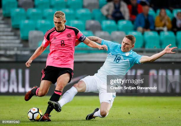 Darren Fletcher of Scotland is challenged by Rajko Rotman of Slovenia during the FIFA 2018 World Cup Qualifier match between Slovenia and Scotland at...