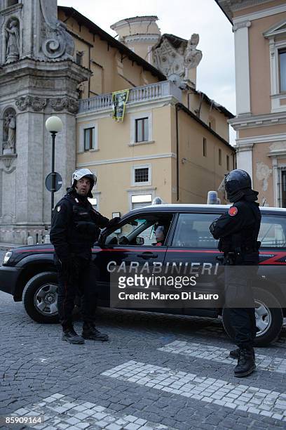 Italian Paramilitary Police "Carabinieri" patrol the old center to prevent looting on April 10, 2009 in L'Aquila, Italy. The 6.3 magnitude earthquake...
