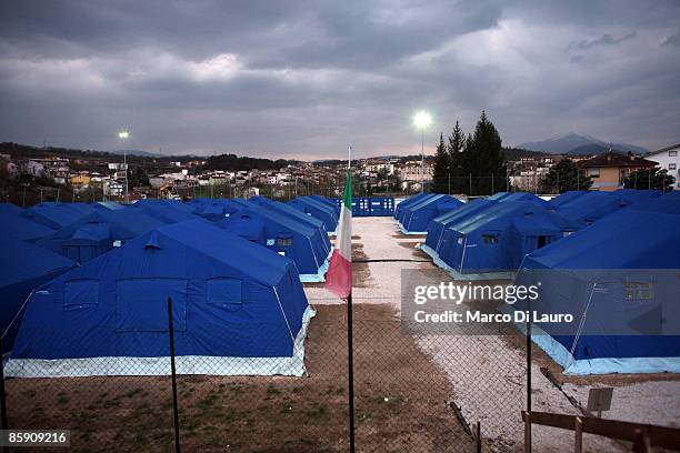 General view of the Coppito tent camp is seen on April 10, 2009 in Coppito, a village near L'Aquila, Italy. The 6.3 magnitude earthquake tore through...