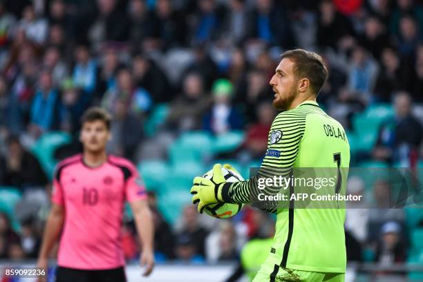 Slovenia's goalkeeper Jan Oblak looks on during the FIFA World Cup 2018 qualifier football match between Slovenia and Scotland at the Stozice stadium...