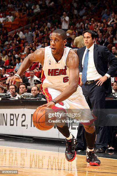 Mario Chalmers of the Miami Heat makes a move to the basket during the game against the Milwaukee Bucks at American Airlines Arena on March 28, 2009...