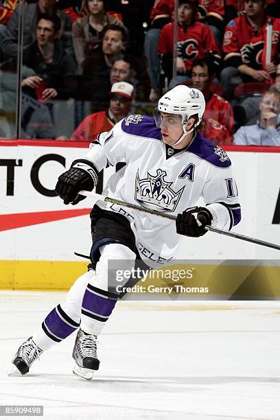 Anze Kopitar of the Los Angeles Kings skates against the Calgary Flames on April 6, 2009 at Pengrowth Saddledome in Calgary, Alberta, Canada. The...