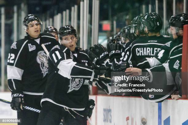 Vitalii Abramov of the Gatineau Olympiques celebrates his first period goal against the Val-d'Or Foreurs at Robert Guertin Arena on October 8, 2017...