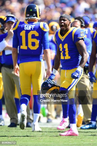Tavon Austin of the Los Angeles Rams reacts during the first quarter of the game against the Seattle Seahawks at the Los Angeles Memorial Coliseum on...