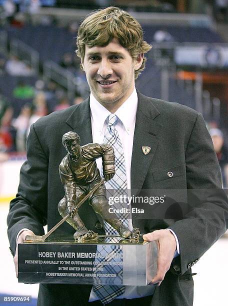 Matt Gilroy of the Boston Terriers poses with the Hobey Baker Award during the Hobey Baker Award Presentation on April 10, 2009 at the Verizon Center...