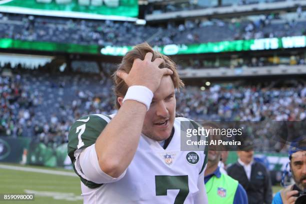 Kicker Chandler Catanzaro of the New York Jets reacts after making the game winning field goal in overtime against the Jacksonville Jaguars during...
