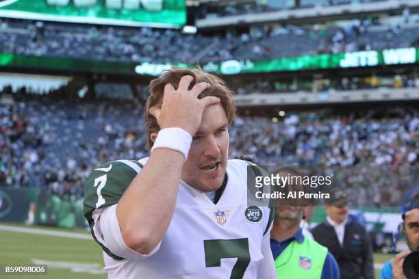 Kicker Chandler Catanzaro of the New York Jets reacts after making the game winning field goal in overtime against the Jacksonville Jaguars during...