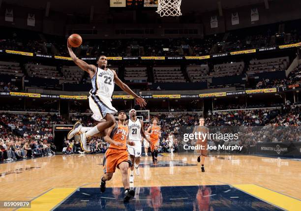 Rudy Gay of the Memphis Grizzlies dunks in a game against the Phoenix Suns on April 10, 2009 at FedExForum in Memphis, Tennessee. NOTE TO USER: User...