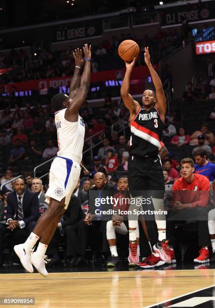 Trail Blazers CJ McCollum shoots a three pointer during an NBA preseason game between the Portland Trail Blazers and the Los Angeles Clippers on...