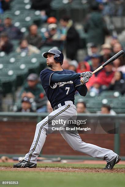 Hardy of the Milwaukee Brewers bats against the San Francisco Giants during the game at AT&T Park on April 9, 2009 in San Francisco, California.