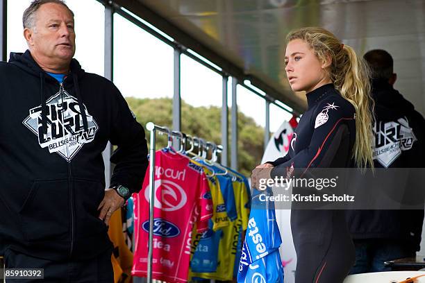 Rip Curl Pro wildcard Niki Van Dijk of Australia prepares to put on her contest singlet prior to her Round 2 heat at the Rip Curl Pro presented by...